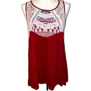 Moon & Sky Embroidered boho sleeveless keyhole back tank burgundy size small